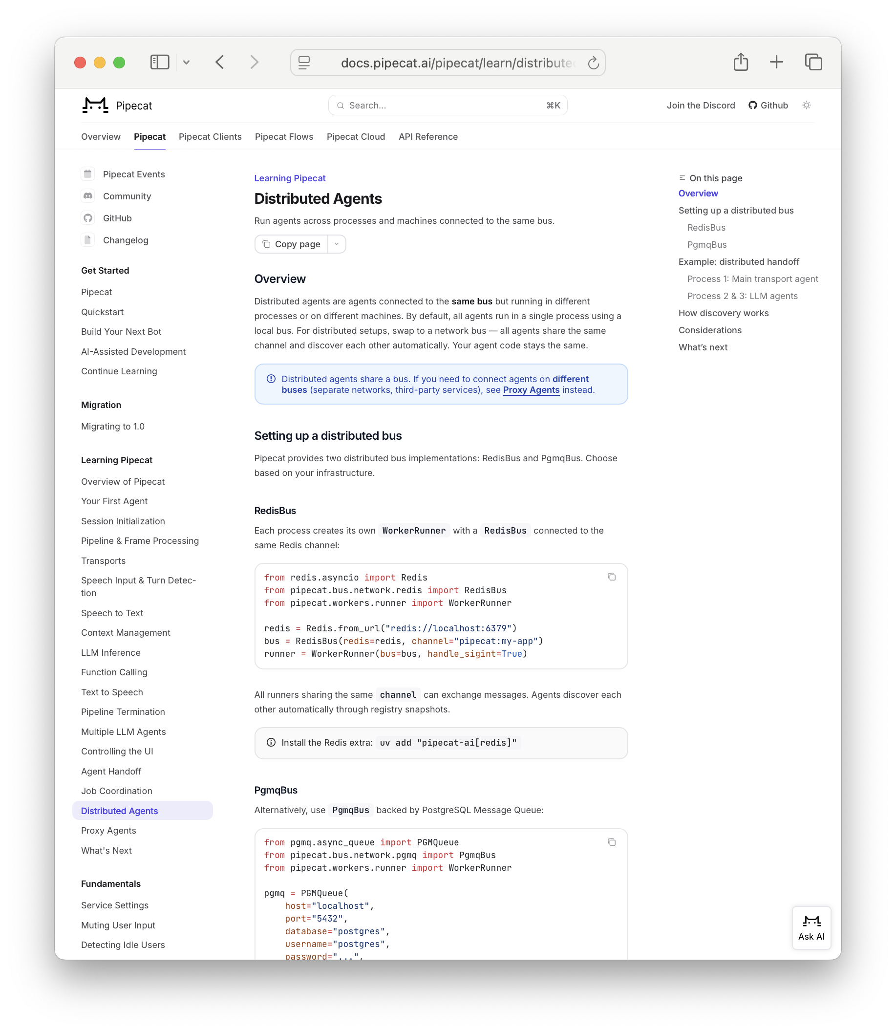 Pipecat documentation: Distributed Agents — running agent processes across machines connected to the same bus